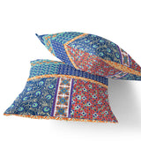Set of Two 16" X 16" Blue and Orange Blown Seam Floral Indoor Outdoor Throw Pillow