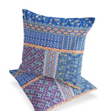 Set of Two 16" X 16" Blue and Yellow Blown Seam Floral Indoor Outdoor Throw Pillow