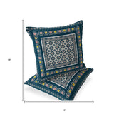 Set of Two 16" X 16" Beige and Blue Blown Seam Floral Indoor Outdoor Throw Pillow