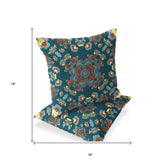 Set of Two 16" X 16" Green and Red Blown Seam Floral Indoor Outdoor Throw Pillow