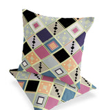 Set of Two 16" X 16" Pink and Black Blown Seam Diamond Indoor Outdoor Throw Pillow