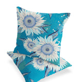 Set of Two 16" X 16" Blue and White Blown Seam Floral Indoor Outdoor Throw Pillow