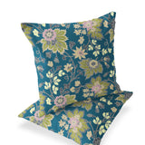 Set of Two 16" X 16" Green and Yellow Blown Seam Floral Indoor Outdoor Throw Pillow