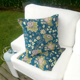 Set of Two 16" X 16" Green and Yellow Blown Seam Floral Indoor Outdoor Throw Pillow