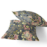 Set of Two 16" X 16" Gray and Pink Blown Seam Floral Indoor Outdoor Throw Pillow