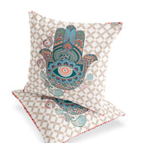 Set of Two 16" X 16" Blue and Orange Blown Seam Hamsa Indoor Outdoor Throw Pillow