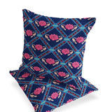 Set of Two 16" X 16" Blue and Pink Peacock Blown Seam Floral Indoor Outdoor Throw Pillow