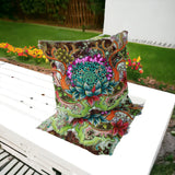 Set of Two 16" X 16" Green and Pink Blown Seam Floral Indoor Outdoor Throw Pillow