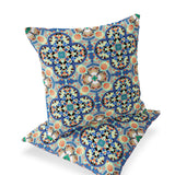 Set of Two 16" X 16" Blue and Purple Blown Seam Floral Indoor Outdoor Throw Pillow