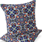 Set of Two 16" X 16" Blue and Black Blown Seam Floral Indoor Outdoor Throw Pillow
