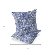 Set of Two 16" X 16" Blue and White Geometric Indoor Outdoor Throw Pillow