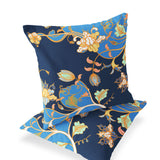 Set of Two 16" X 16" Blue and Orange Botanical Indoor Outdoor Throw Pillow