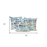 Set of Three 16" X 16" Blue and Green Botanical Indoor Outdoor Throw Pillow