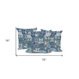 Set of Three 16" X 16" Blue and White Elephant Abstract Indoor Outdoor Throw Pillow