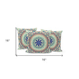 Set of Three 16" X 16" Beige and Blue Abstract Indoor Outdoor Throw Pillow