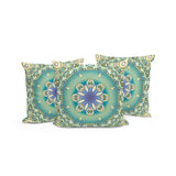 Set of Three 16" X 16" Beige and Green Abstract Indoor Outdoor Throw Pillow