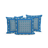 Set of Three 16" X 16" Beige and Blue Botanical Indoor Outdoor Throw Pillow