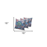 Set of Three 16" X 16" Blue and Green Blown Seam Floral Indoor Outdoor Throw Pillow
