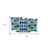 Set of Three 16" X 16" Blue and Pink Blown Seam Floral Indoor Outdoor Throw Pillow
