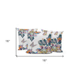 Set of Three 16" X 16" Blue and Gray Blown Seam Floral Indoor Outdoor Throw Pillow