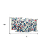 Set of Three 16" X 16" Blue and Off White Peacock Blown Seam Floral Indoor Outdoor Throw Pillow