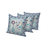 Set of Three 16" X 16" Blue and Gold Peacock Blown Seam Floral Indoor Outdoor Throw Pillow