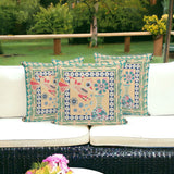 Set of Three 16" X 16" Green and Pink Peacock Blown Seam Floral Indoor Outdoor Throw Pillow