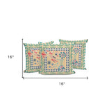 Set of Three 16" X 16" Green and Pink Peacock Blown Seam Floral Indoor Outdoor Throw Pillow