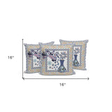 Set of Three 16" X 16" Beige and Orange Peacock Blown Seam Floral Indoor Outdoor Throw Pillow