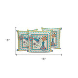 Set of Three 16" X 16" Beige and White Peacock Blown Seam Floral Indoor Outdoor Throw Pillow