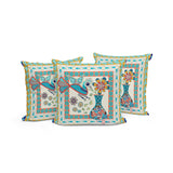 Set of Three 16" X 16" Blue and Gold Peacock Blown Seam Floral Indoor Outdoor Throw Pillow