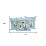 Set of Three 16" X 16" Blue and White Peacock Blown Seam Floral Indoor Outdoor Throw Pillow