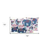 Set of Three 16" X 16" Blue and Gray Elephant Blown Seam Floral Indoor Outdoor Throw Pillow