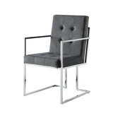 Set of Two Tufted Gray and Silver Metallic Upholstered Velvet Dining Arm Chairs