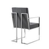 Set of Two Tufted Gray and Silver Metallic Upholstered Velvet Dining Arm Chairs