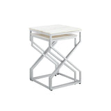 Set of Two 22" Silver and White Marble Nested Tables