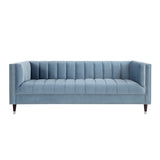 85" Slate Blue Velvet and Espresso Sofa