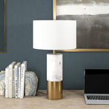 24" Black and White Marble and Metal Cylinder Table Lamp With White Drum Shade