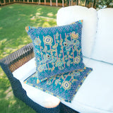 Set of Two 16" X 16" Blue and Green Peacock Blown Seam Floral Indoor Outdoor Throw Pillow