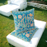 Set of Two 16" X 16" Blue and Gold Peacock Blown Seam Floral Indoor Outdoor Throw Pillow