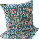 Set of Two 16" X 16" Blue and Gold Peacock Blown Seam Floral Indoor Outdoor Throw Pillow
