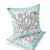 Set of Two 16" X 16" Blue and White Peacock Blown Seam Floral Indoor Outdoor Throw Pillow