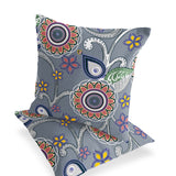 Set of Two 16" X 16" Gray and Red Blown Seam Floral Indoor Outdoor Throw Pillow