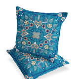 Set of Two 16" X 16" Beige and Blue Blown Seam Paisley Indoor Outdoor Throw Pillow