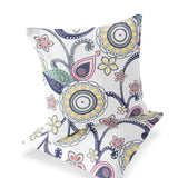 Set of Two 16" X 16" Yellow and White Blown Seam Floral Indoor Outdoor Throw Pillow