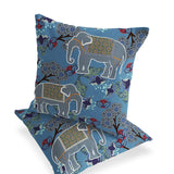 Set of Two 16" X 16" Blue and White Elephant Indoor Outdoor Throw Pillow