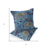 Set of Two 16" X 16" Blue and White Elephant Indoor Outdoor Throw Pillow