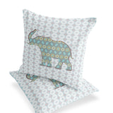 Set of Two 16" X 16" Blue and White Elephant Eclectic Indoor Outdoor Throw Pillow