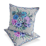 Set of Two 16" X 16" Beige and Blue Botanical Indoor Outdoor Throw Pillow