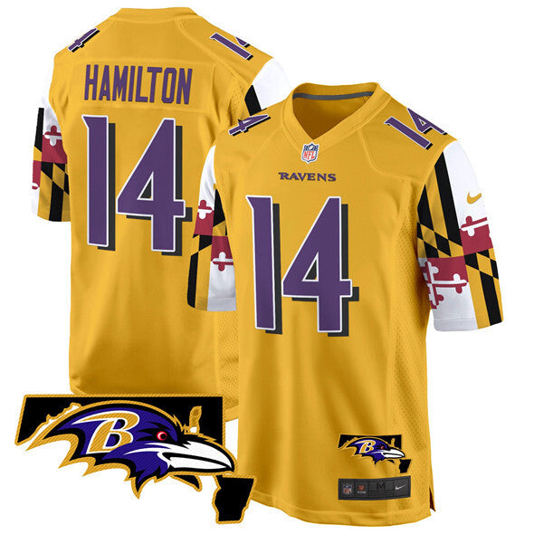 Baltimore Ravens #14 Kyle Hamilton Gold 2025 Maryland Flag Vapor Limited Football